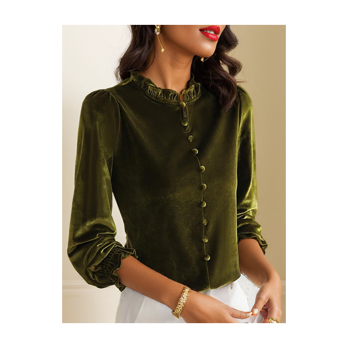 Women's Long Sleeve Blouse Spring/Fall Plain Buckle Velvet Lotus Leaf Collar Daily Going Out Casual Top