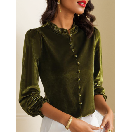 Women's Long Sleeve Blouse Spring/Fall Plain Buckle Velvet Lotus Leaf Collar Daily Going Out Casual Top