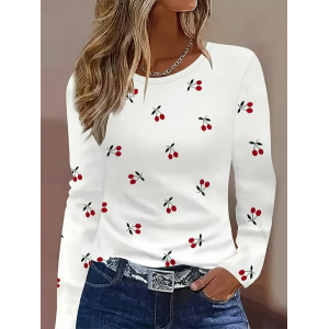 Women Fruit Long Sleeve Tee T-shirt Crew Neck Printing Casual Graphic Tee Spring/Fall Top