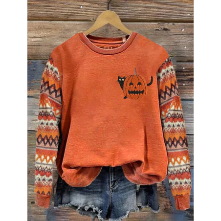 Women's Crew Neck Halloween (pumpkin) Printing Vintage Spring/Fall Long Sleeve Sweatshirt