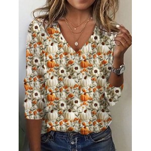 Women's Long Sleeve Tee T-shirt Spring/Fall Halloween (pumpkin) Printing Jersey V Neck Daily Going Out Vintage Top