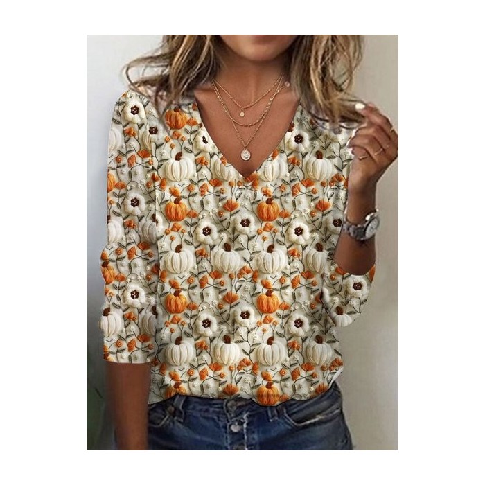 Women's Long Sleeve Tee T-shirt Spring/Fall Halloween (pumpkin) Printing Jersey V Neck Daily Going Out Vintage Top