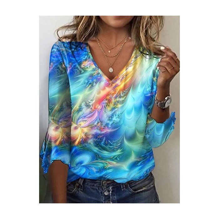 Women's Three Quarter Sleeve Tee T-shirt Spring/Fall Gradient Pattern Printing Jersey V Neck Daily Going Out Vintage Top