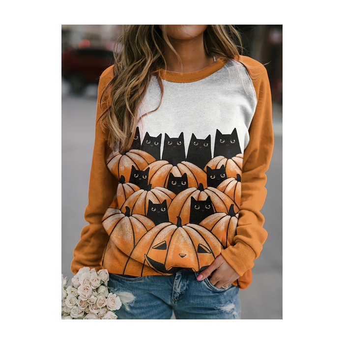 Women's Crew Neck Halloween (pumpkin) Printing Vintage Spring/Fall Long Sleeve Sweatshirt
