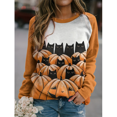 Women's Crew Neck Halloween (pumpkin) Printing Vintage Spring/Fall Long Sleeve Sweatshirt