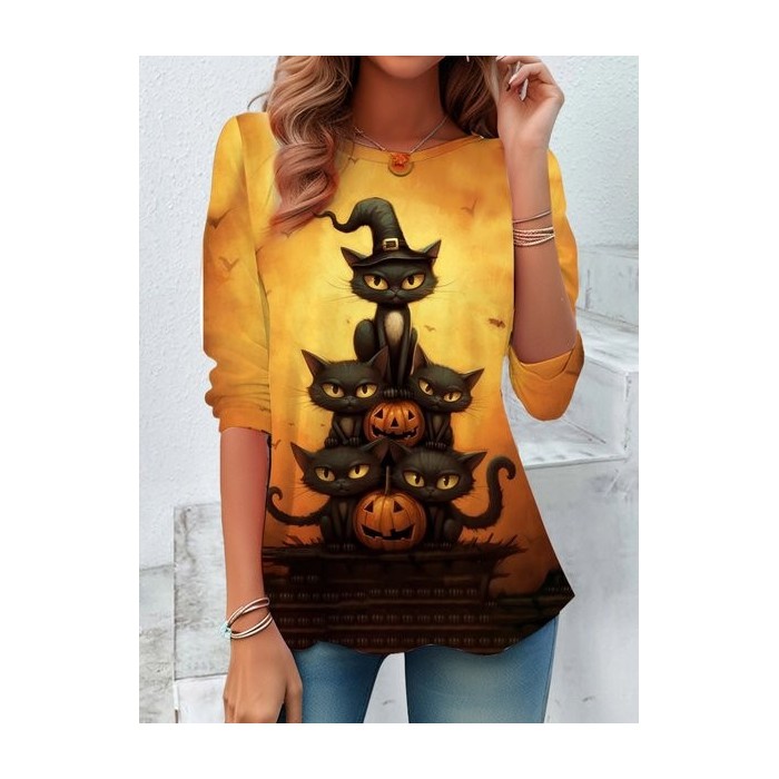 Women's Long Sleeve Tee T-shirt Spring/Fall Halloween Printing Jersey Crew Neck Holiday Going Out Vintage Top