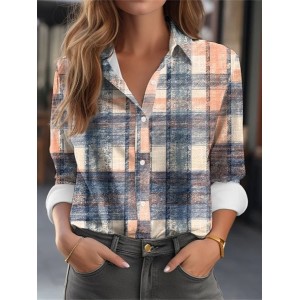 Women's Long Sleeve Shirt Spring/Fall Plaid Printing Shirt Collar Holiday Going Out Vintage Top