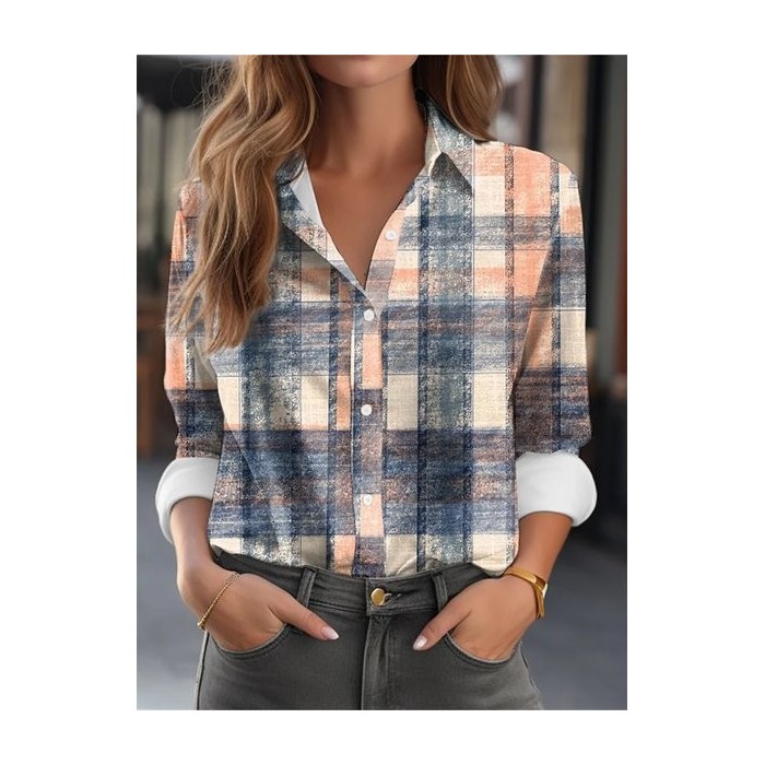 Women's Long Sleeve Shirt Spring/Fall Plaid Printing Shirt Collar Holiday Going Out Vintage Top