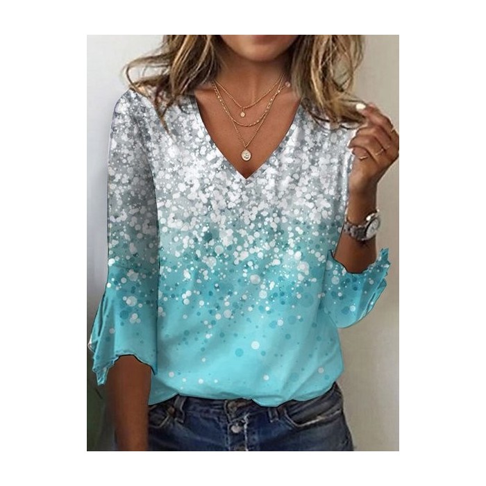 Women's Three Quarter Sleeve Tee T-shirt Spring/Fall Ombre Printing Jersey V Neck Holiday Going Out Vintage Top