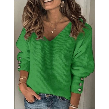 Women's Long Sleeve Blouse Spring/Fall Plain Buckle Knitted V Neck Daily Going Out Casual Top