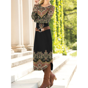 Women's Long Sleeve Spring/Fall Ethnic Dress Crew Neck Daily Going Out Casual Maxi H-Line T-Shirt Dress