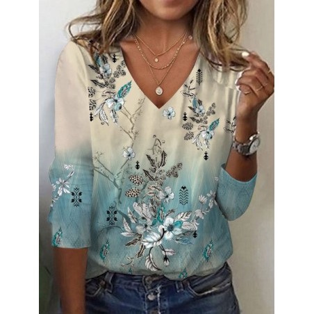 Women's Long Sleeve Tee T-shirt Spring/Fall Floral Jersey V Neck Daily Going Out Casual Top