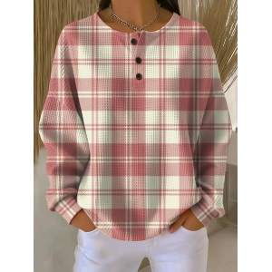 Women Plaid Crew Neck Printing Casual Spring/Fall Long Sleeve Sweatshirt