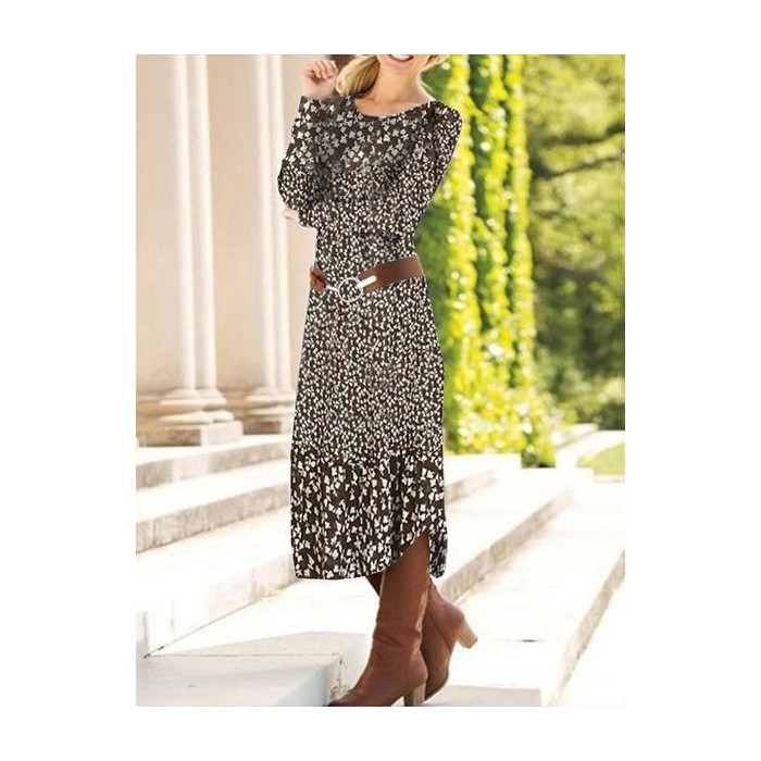 Women's Long Sleeve Spring/Fall Ditsy Floral Jersey Dress Crew Neck Daily Going Out Casual Midi H-Line T-Shirt Dress