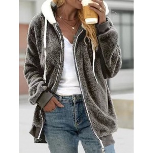 Women's Winter Outerwear Fluff/Granular Fleece Fabric Casual Zipper Plain Long Sleeve Hoodie Fleece Coat