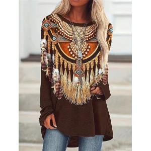 Women's Long Sleeve Tee T-shirt Spring/Fall Ethnic Printing Jersey Crew Neck Holiday Going Out Casual Top