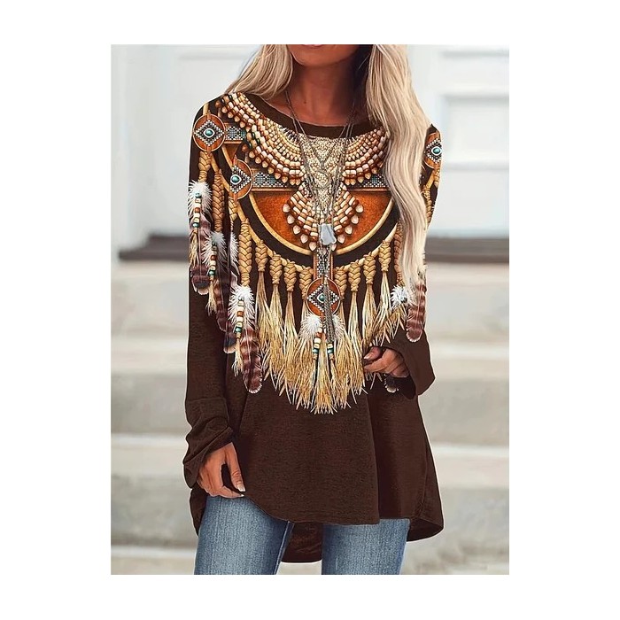 Women's Long Sleeve Tee T-shirt Spring/Fall Ethnic Printing Jersey Crew Neck Holiday Going Out Casual Top