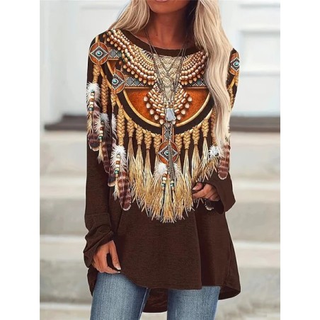 Women's Long Sleeve Tee T-shirt Spring/Fall Ethnic Printing Jersey Crew Neck Holiday Going Out Casual Top