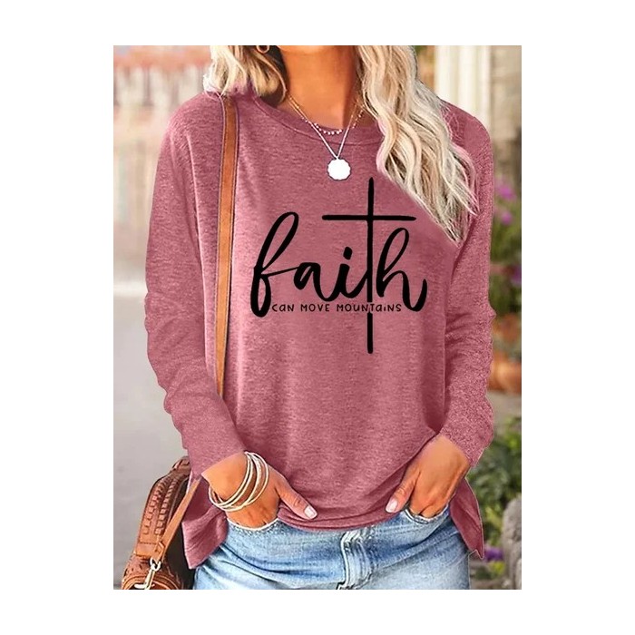 Women's Long Sleeve Blouse Spring/Fall Text Letters Cotton-Blend Crew Neck Daily Going Out Casual Top