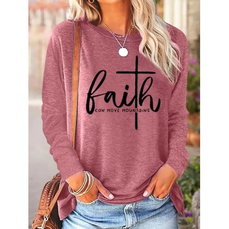 Women's Long Sleeve Blouse Spring/Fall Text Letters Cotton-Blend Crew Neck Daily Going Out Casual Top