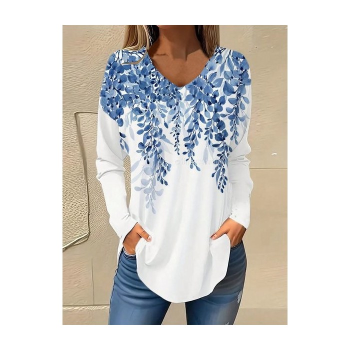 Women's Long Sleeve Blouse Spring/Fall Floral V Neck Daily Going Out Casual Top