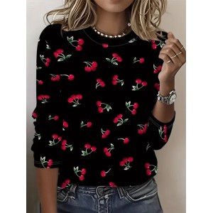 Women Fruit Long Sleeve Tee T-shirt Crew Neck Printing Casual Graphic Tee Spring/Fall Top