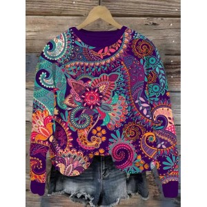 Women's Crew Neck Ethnic Casual Spring/Fall Cotton Long Sleeve Sweatshirt