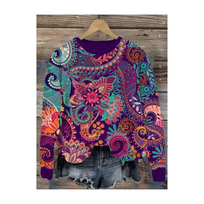 Women's Crew Neck Ethnic Casual Spring/Fall Cotton Long Sleeve Sweatshirt