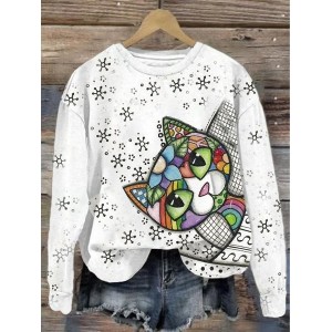 Women's Crew Neck Cat Casual Spring/Fall Cotton Long Sleeve Sweatshirt