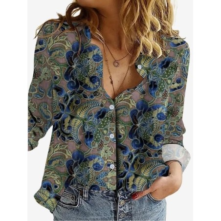 Women's Long Sleeve Shirt Spring/Fall Floral Shirt Collar Daily Going Out Casual Top