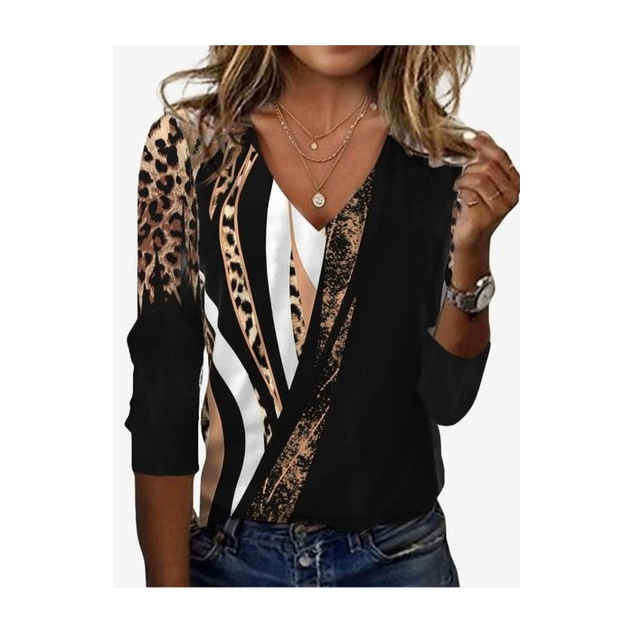 Women's Long Sleeve Tee T-shirt Spring/Fall Leopard Jersey V Neck Daily Going Out Casual Top