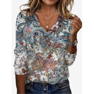 Women's Long Sleeve Tee T-shirt Spring/Fall Ethnic Jersey V Neck Daily Going Out Casual Top