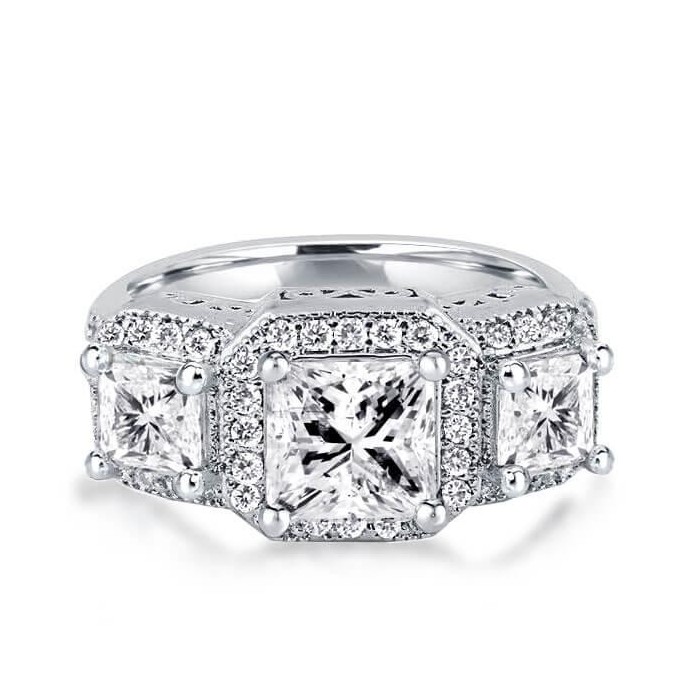 Italo Halo Princess Cut Engagement Ring 3 Stone Engagement Ring