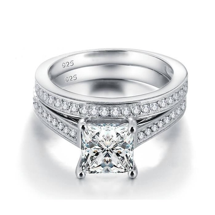 Italo Princess Cut Engagement Rings Sets Silver Bridal Set