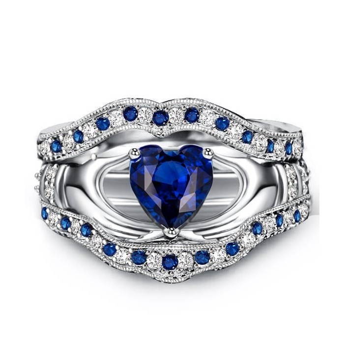 Italo Claddagh Created Sapphire 3PC Wedding Set