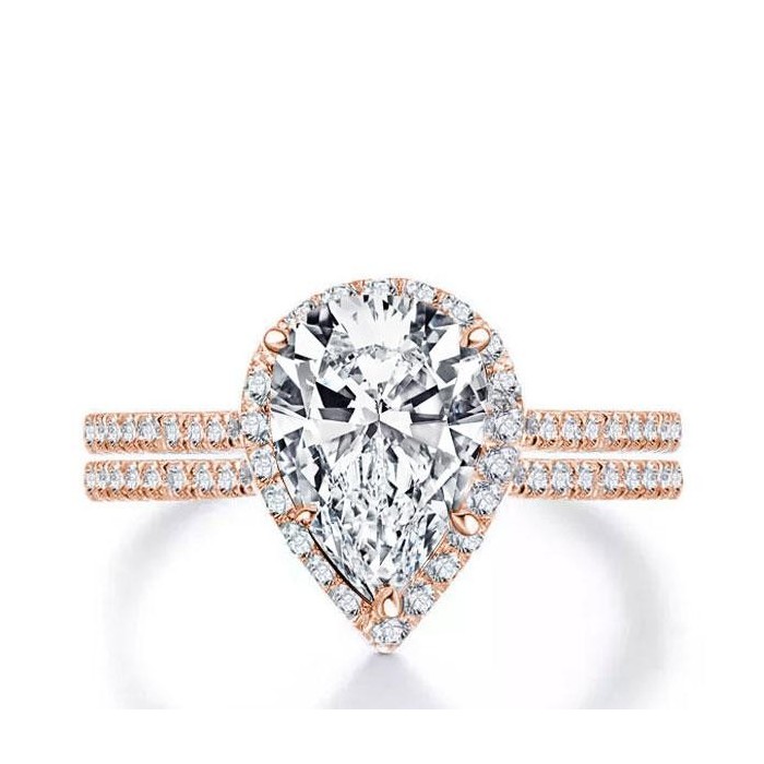 Italo Rose Gold Halo Pear Created White Sapphire Bridal Set