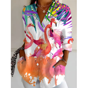 Women Flamingo Shirt Collar Long Sleeve Shirt Buckle Regular Sleeve Casual Daily Spring/Fall Top