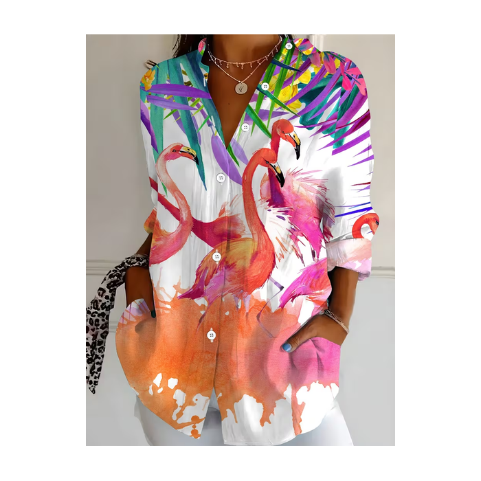 Women Flamingo Shirt Collar Long Sleeve Shirt Buckle Regular Sleeve Casual Daily Spring/Fall Top