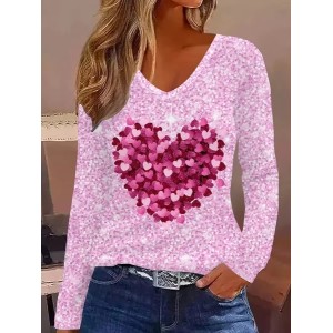 Women Heart/Cordate Long Sleeve Tee T-shirt V Neck Printing Casual Graphic Tee Spring/Fall Top