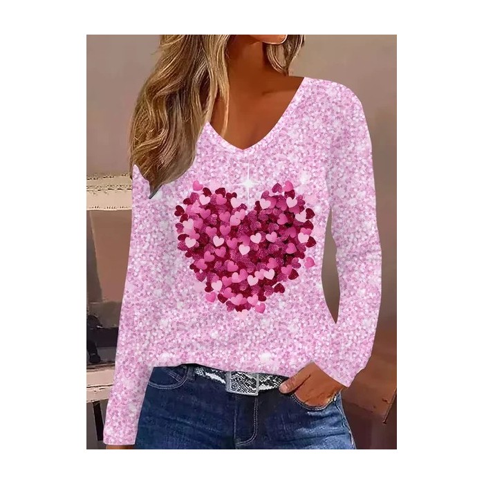Women Heart/Cordate Long Sleeve Tee T-shirt V Neck Printing Casual Graphic Tee Spring/Fall Top