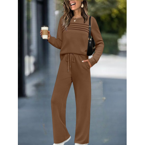 Women Plain Split Joint Two-Piece Set Daily Long Sleeve Casual Spring/Fall Top With Pants Matching Set