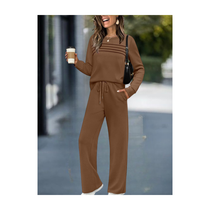 Women Plain Split Joint Two-Piece Set Daily Long Sleeve Casual Spring/Fall Top With Pants Matching Set