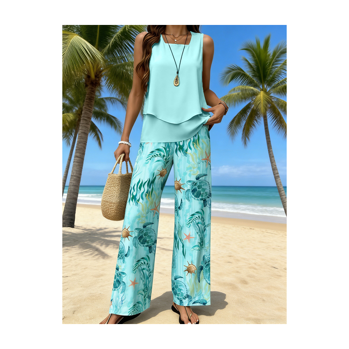 Women Psychedelic Art Two-Piece Set Daily Sleeveless Casual Summer Top With Pants Matching Set