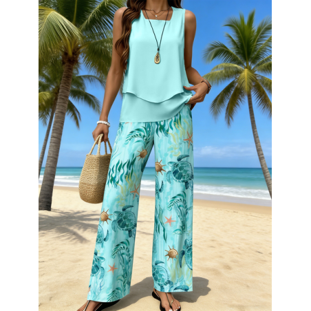 Women Psychedelic Art Two-Piece Set Daily Sleeveless Casual Summer Top With Pants Matching Set