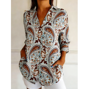 Women Cashew Flowers Shirt Collar Long Sleeve Shirt Vintage Holiday Spring/Fall Top