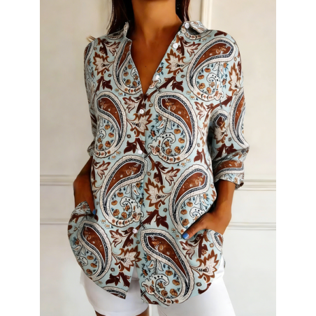 Women Cashew Flowers Shirt Collar Long Sleeve Shirt Vintage Holiday Spring/Fall Top