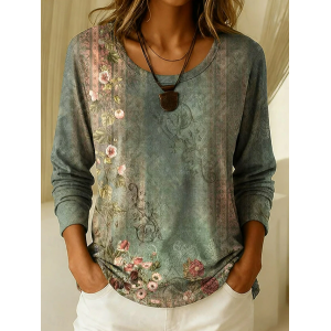 Women Floral Long Sleeve Tee T-shirt Crew Neck Printing Casual Graphic Tee Spring/Fall Top