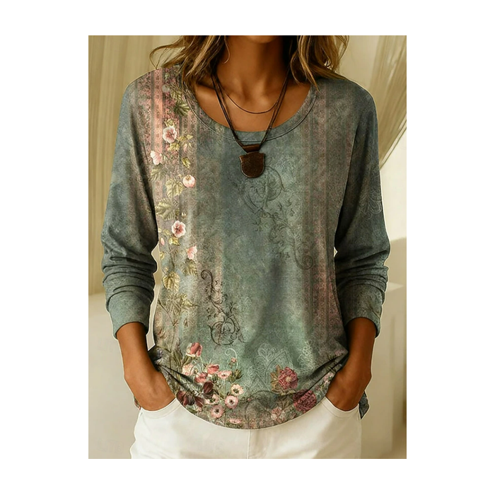 Women Floral Long Sleeve Tee T-shirt Crew Neck Printing Casual Graphic Tee Spring/Fall Top