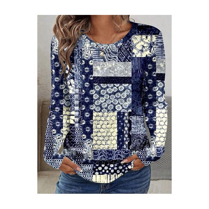 Women Abstract Long Sleeve Tee T-shirt Crew Neck Printing Casual Graphic Tee Spring/Fall Top