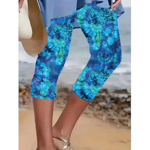 Women Abstract Capris Elastic Waist Pants Casual Summer Trousers